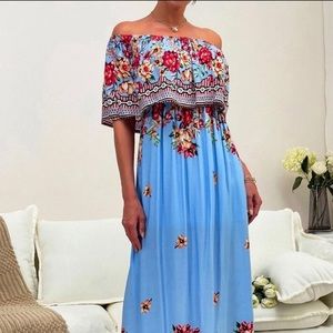 🌺 Tropical off shoulder floral maxi yellow dress
